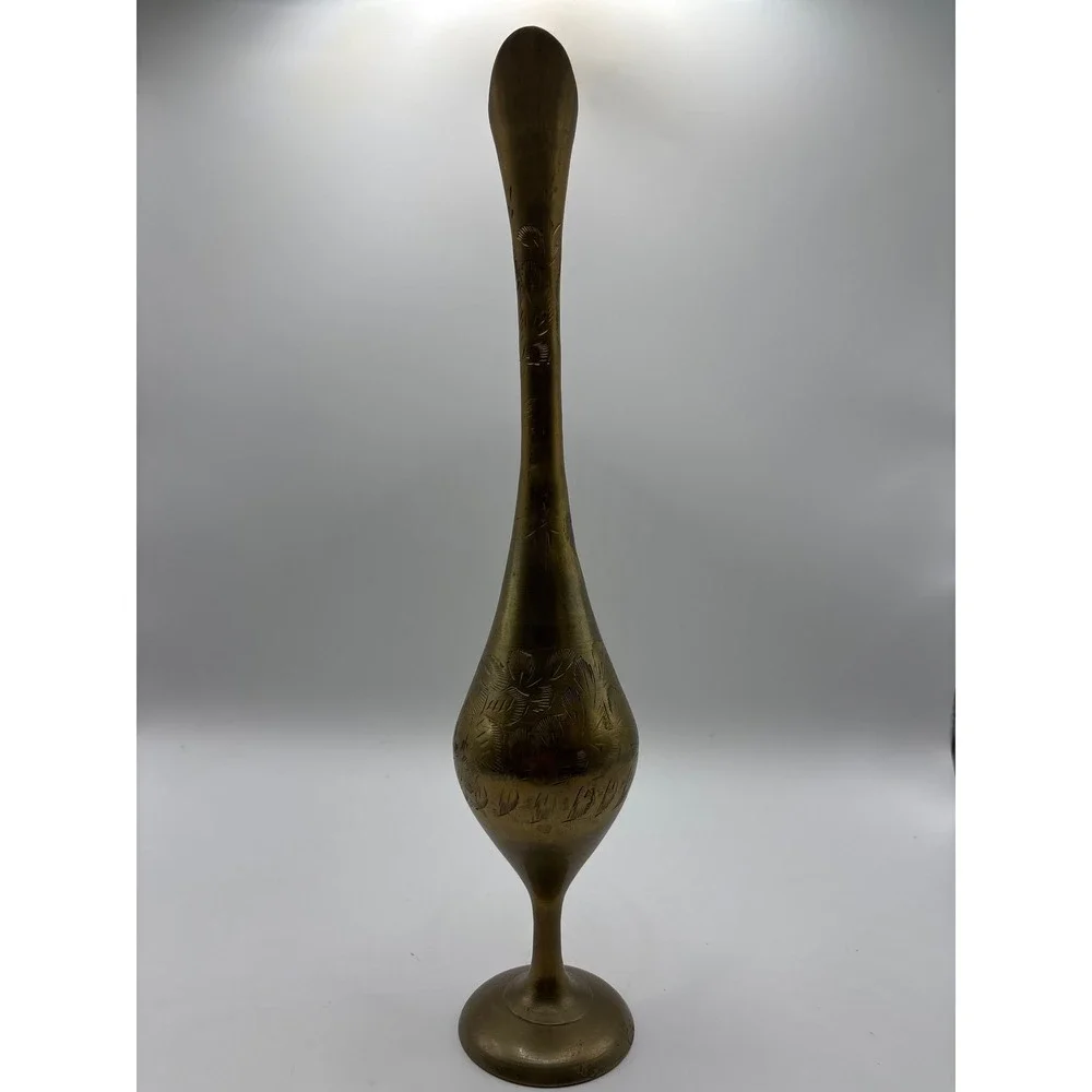 Vintage Etched Brass Aftaba Pitcher Decorative Tall Bud Vase India 11.5 inch